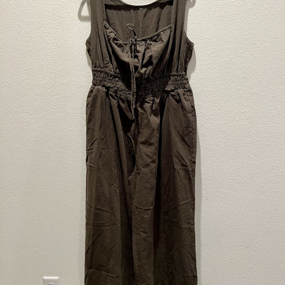 Square Neck Lace Up Ruched Jumpsuit Curve & Plus 0XL Olive Green - Picture 6 of 7